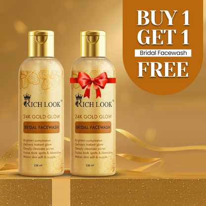 BUY 1 GET 1 BRIDAL GOLD FACEWASH- Gives instant golden Glow & make skin fair, healthy, nourish & flawless. Evens the complexion & brighten the skin. Remove dark spots & deeply cleanse & exfoliate skin.