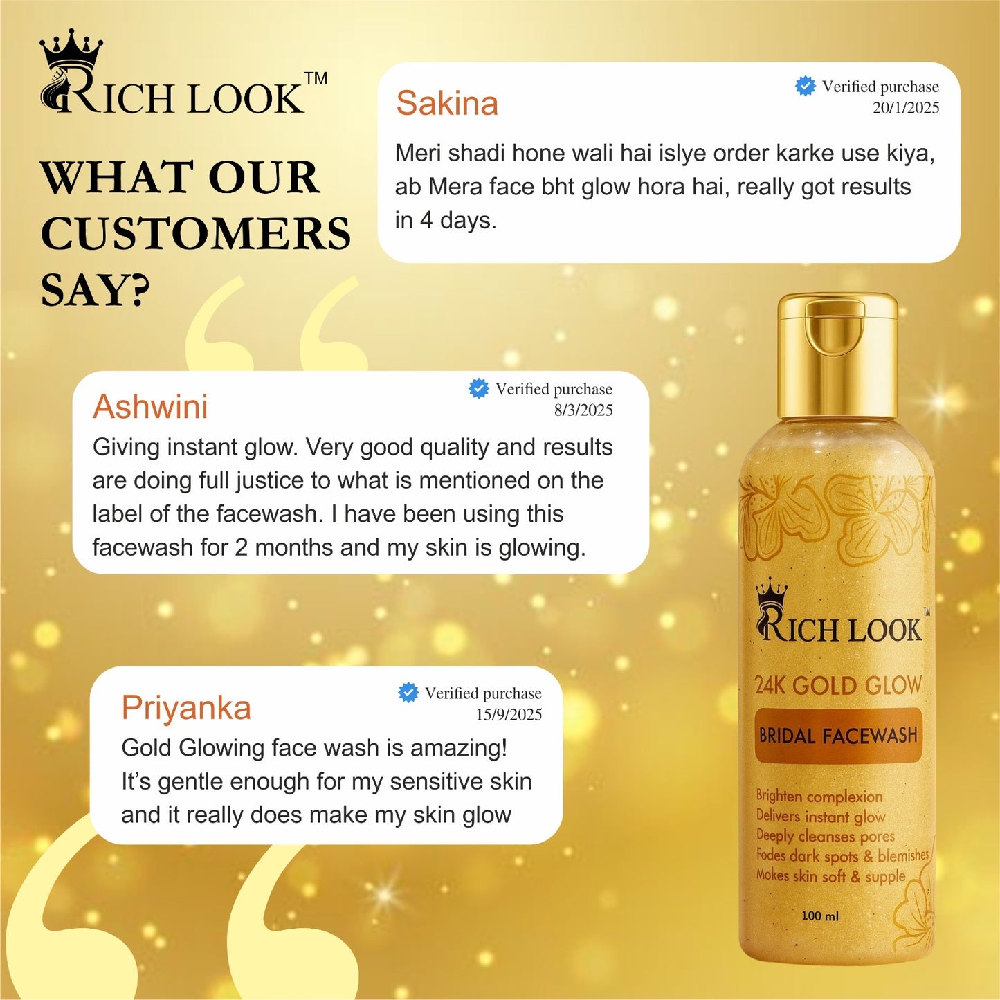 BUY 1 GET 1 BRIDAL GOLD FACEWASH- Gives instant golden Glow & make skin fair, healthy, nourish & flawless. Evens the complexion & brighten the skin. Remove dark spots & deeply cleanse & exfoliate skin.