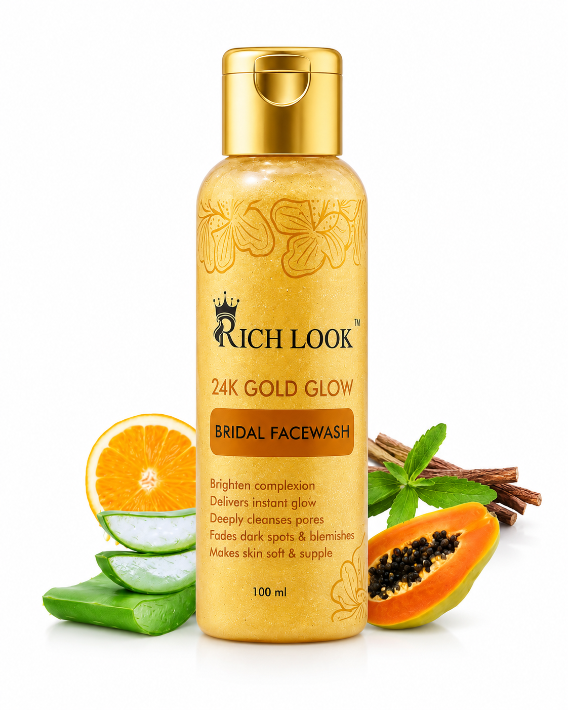 BRIDAL GOLD FACEWASH- Gives instant golden Glow & make skin fair, healthy, nourish & flawless. Evens the complexion & brighten the skin. Remove dark spots & deeply cleanse & exfoliate skin.